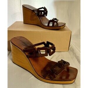 Vintage Stephane Kelian Brown Leather And Wood Platform Wedge Sandals Sz 9.5